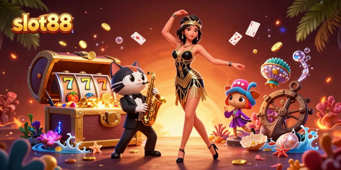 Play exciting slot88 games with a stunning woman and a saxophone cat in a vibrant casino scene.