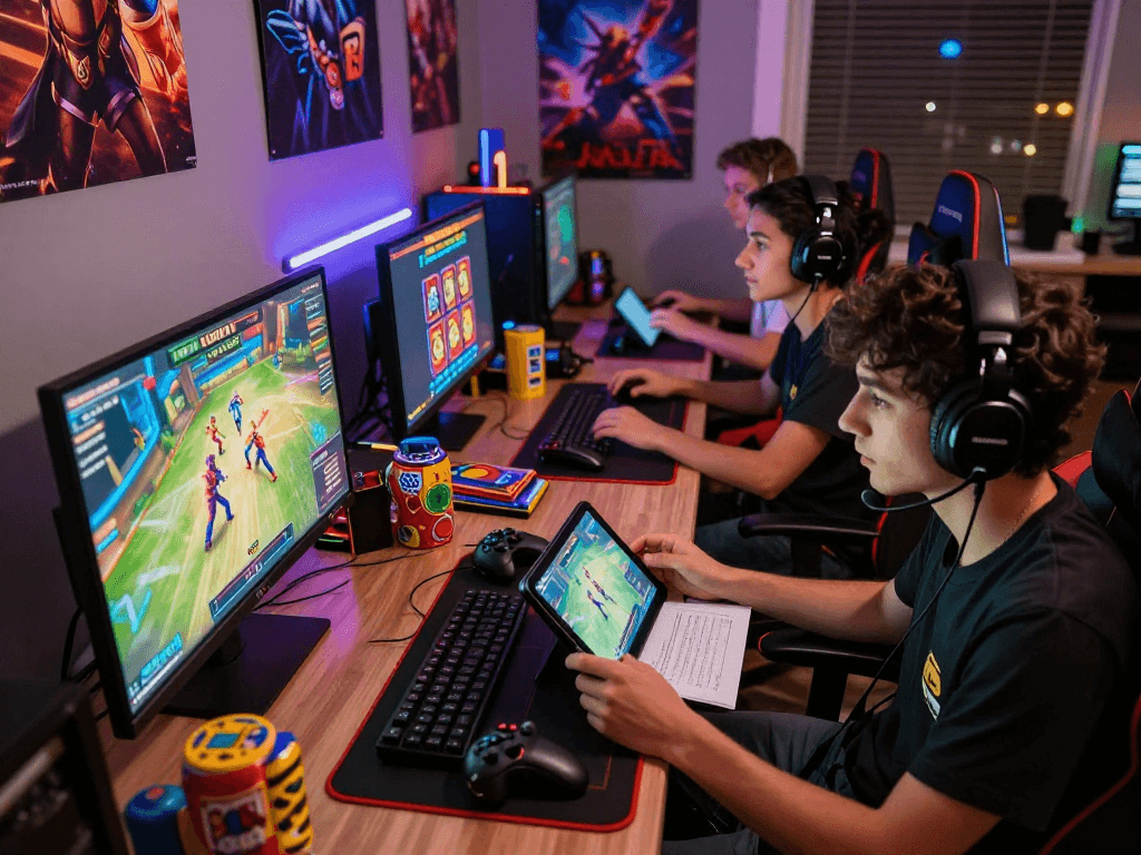 Engaged gamers at home celebrating their gameplay journey with daftar raja328 gaming platform.