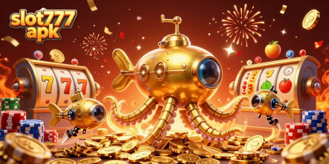 Spin the reels in slot777 apk, featuring a 3D kraken submarine amidst golden coins and casino action.
