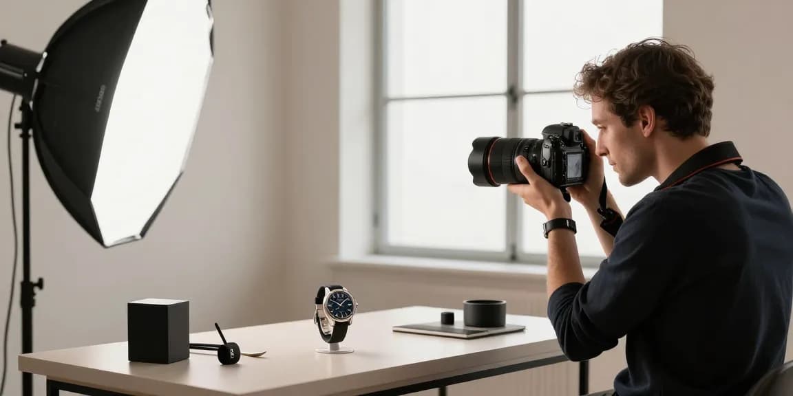 Photographe professionnel mettant en valeur des produits haut de gamme avec une photographie de produits à Milan, éclairage studio et équipement moderne.