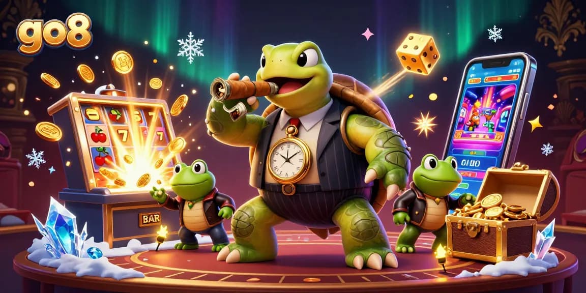 Go8 players revel in a dynamic casino scene with a lively snapping turtle and bullfrog enforcers.