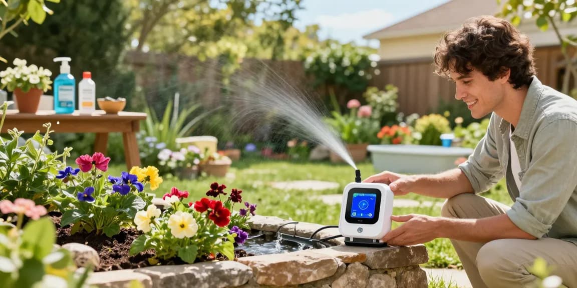 Homeowner setting up a rainpoint automatic watering system in a vibrant garden for efficient plant care.