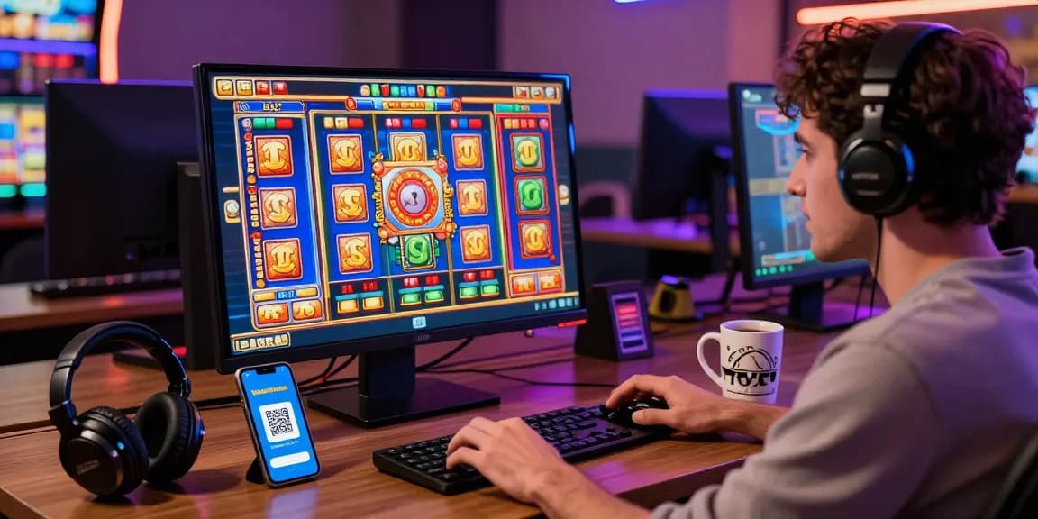 Player enjoying slot deposit 1k experience at home with QR code on smartphone and colorful slot graphics.