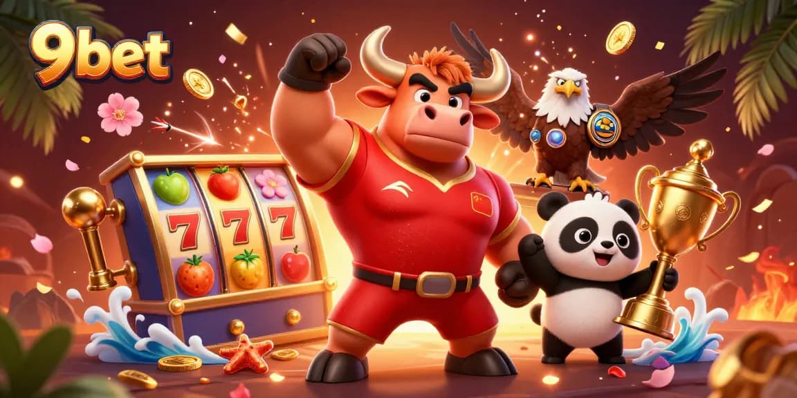 Experience thrilling wins with 9bet, featuring vibrant slot reels and joyful mascots in a festive atmosphere.