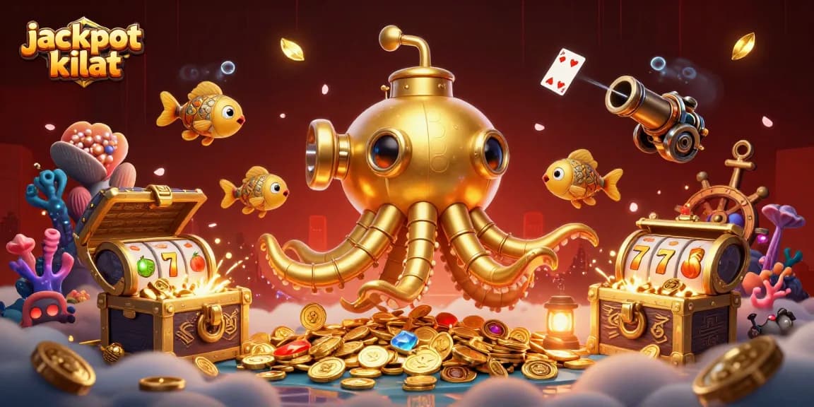 Experience jackpot kilat with a dynamic 3D scene illustrating winning slots amidst golden treasures.