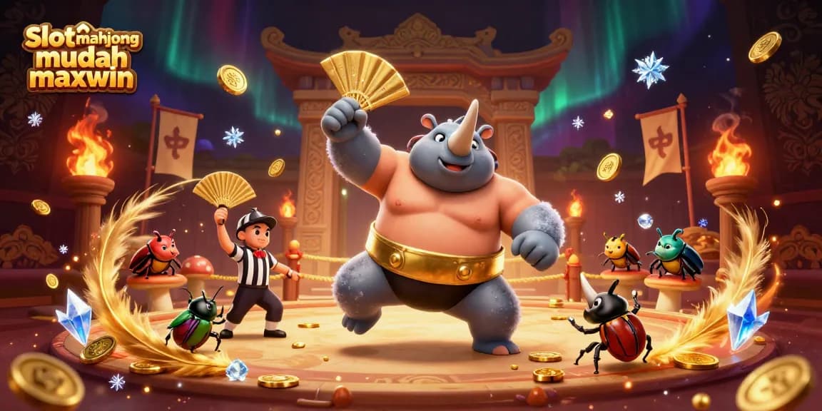 Experience the excitement of Slot mahjong mudah maxwin with a dynamic 3D beetle championship scene, filled with gold coins and vibrant elements.