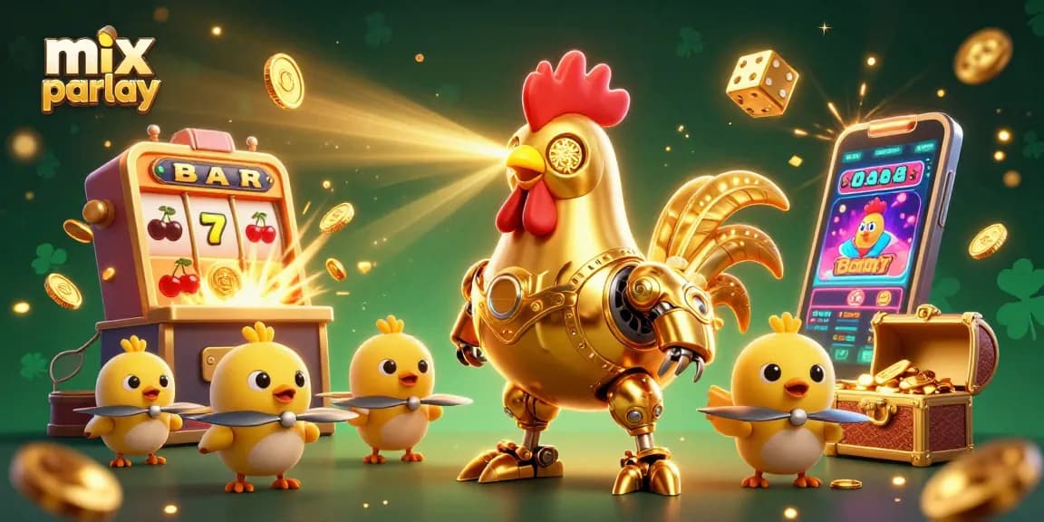 Experience thrilling mix parlay betting with a dynamic casino scene featuring a golden rooster robot.