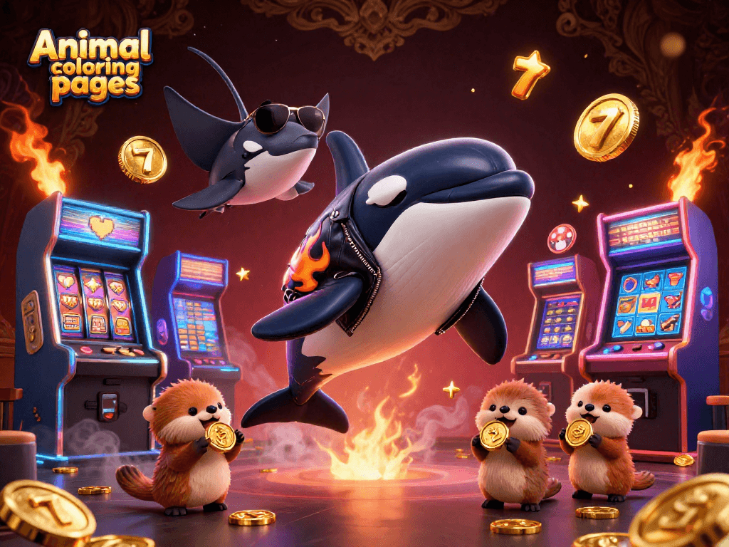 Engage in Animal coloring pages featuring a vibrant casino scene with sea creatures collecting golden coins.