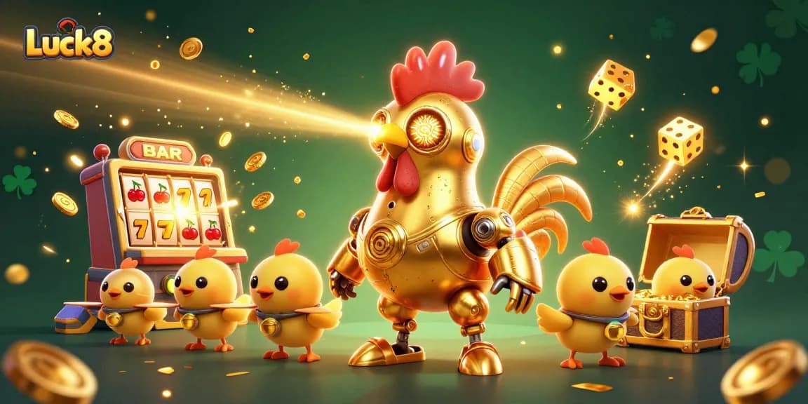 Luck8 offers a vibrant casino experience with a golden rooster robot and jackpot explosions.