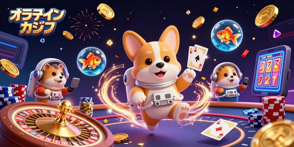 オンラインカジノで遊ぶ3Dデジタルイラスト、宇宙カジノ内で浮遊するコーギーとチップが魅力的