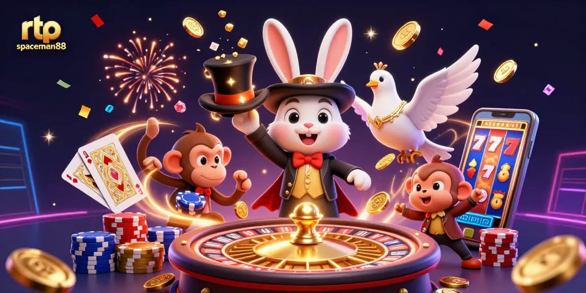 Experience the magic of rtp spaceman88 with a lively scene of a magician rabbit, coins, and festive casino elements.