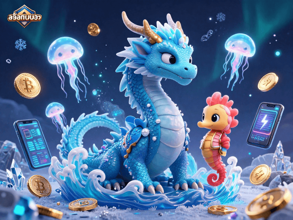 Experience the fun of สล็อตเว็บตรง with a vibrant 3D rendering featuring a dragon and seahorse in an underwater casino scene.
