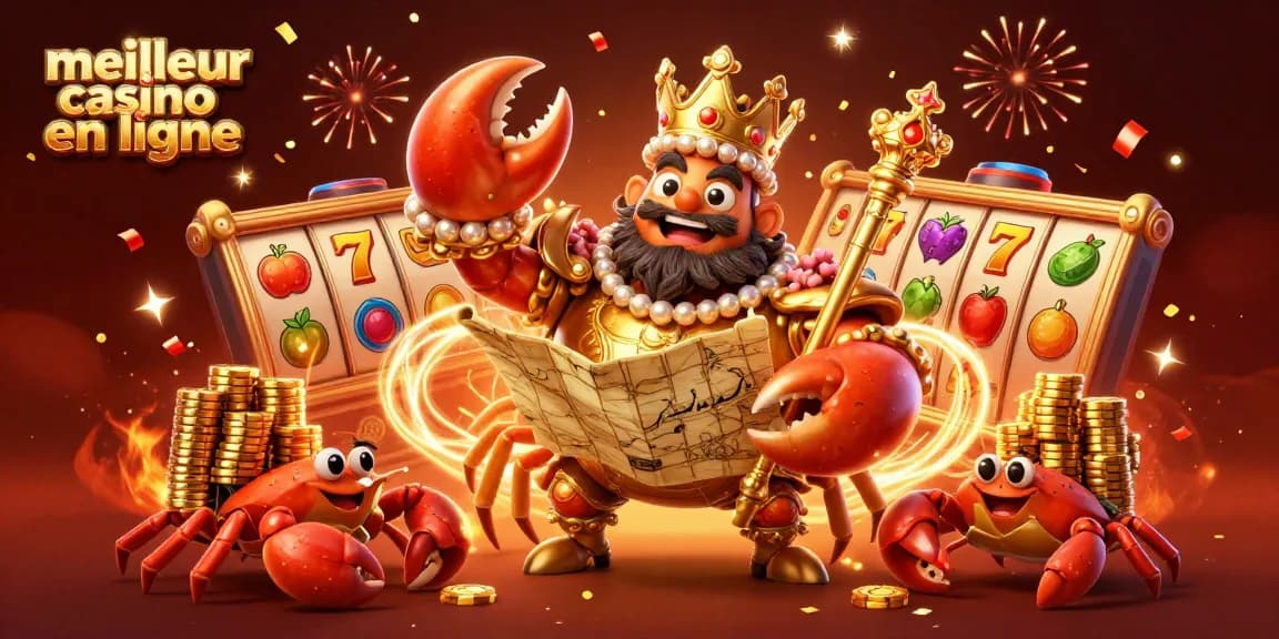 Jouez avec le meilleur casino en ligne dans une illustration dynamique d'un crabe en or entouré de machines à sous.