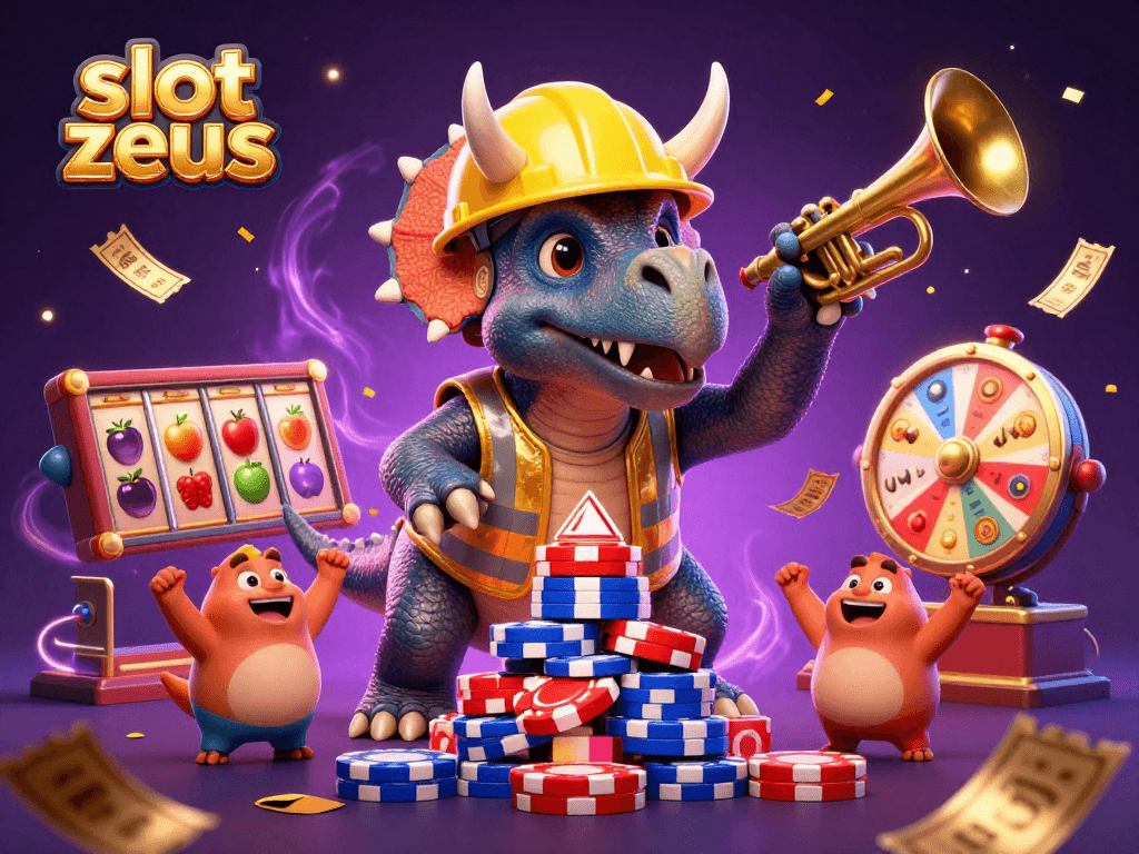 Experience thrilling gameplay with slot zeus while the triceratops builds poker chip towers.