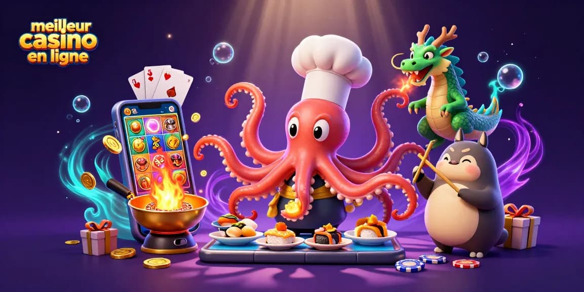 Gagnez gros avec le meilleur casino en ligne grâce à cette illustration dynamique d'un chef sushi multicolore et ses compagnons.
