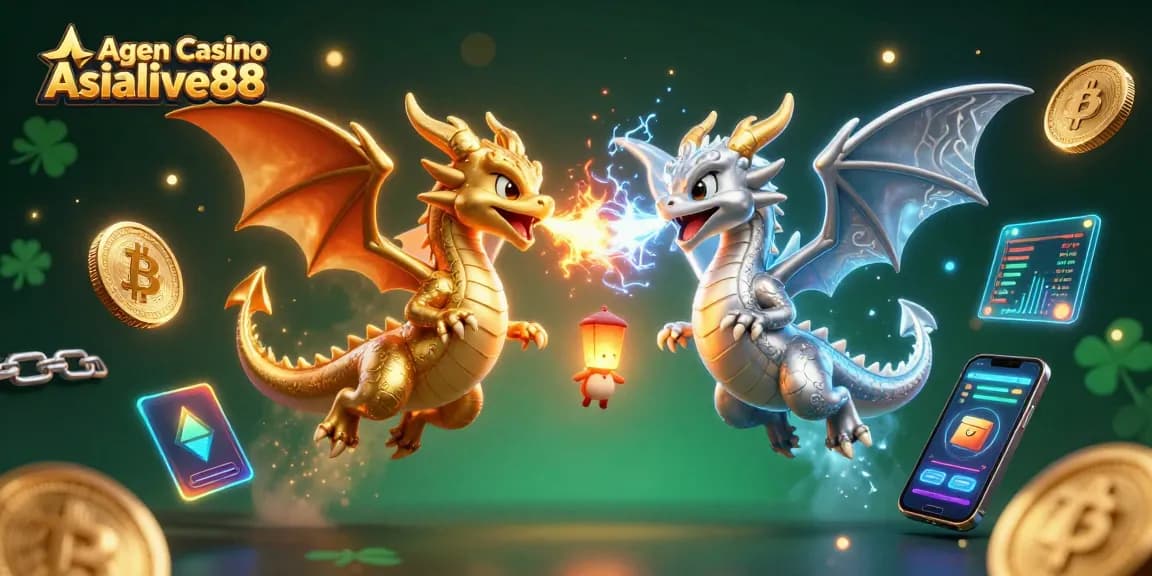 Agen Casino Asialive88 showcases dynamic gaming with cartoon dragons and cryptocurrency elements.