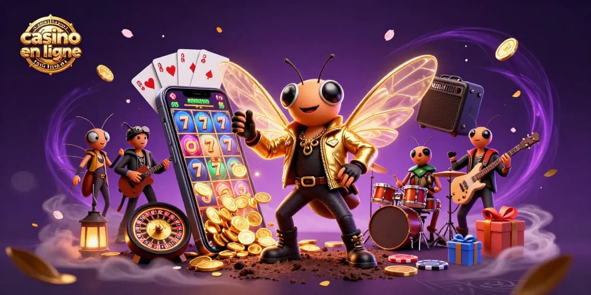 Plongez dans l'univers du meilleur casino en ligne France avec une rock star en blouson doré et des éléments de jeu captivants.