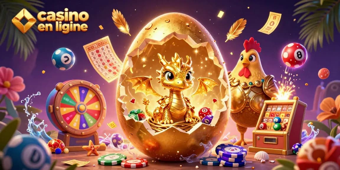 Jouez à des jeux de casino en ligne avec une scène pleine d'énergie, incluant des éléments de loterie et un dragon doré.