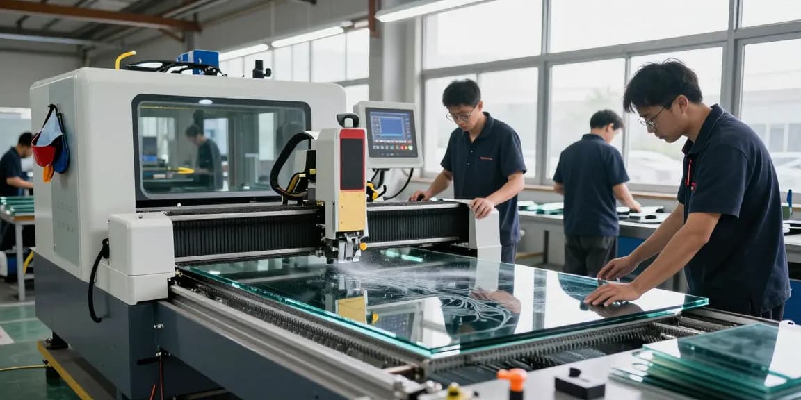 CNC glass cutting machine in action in a professional workshop, showcasing precision and advanced technology for glass processing.