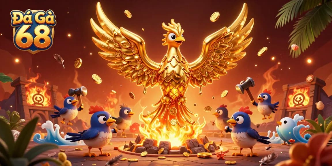 Engage in thrilling cockfighting action at Đá Gà 68, featuring molten phoenix and warrior elements.