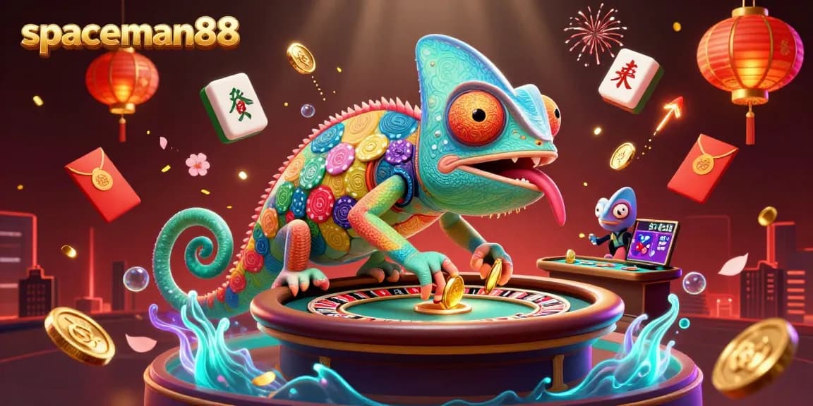 Engage with spaceman88 in a vibrant casino scene featuring a chameleon owner and festive elements.