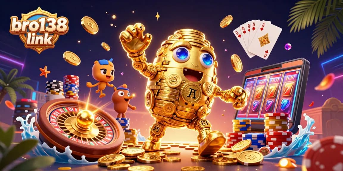 Experience the excitement of the bro138 link with this vibrant 3D casino illustration featuring a unique golden golem.