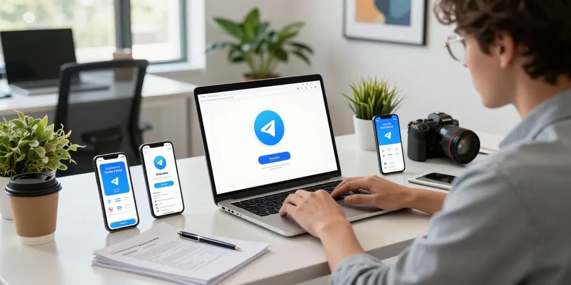 Explore the process of telegram china free download with a young professional researching app features in a modern tech workspace.