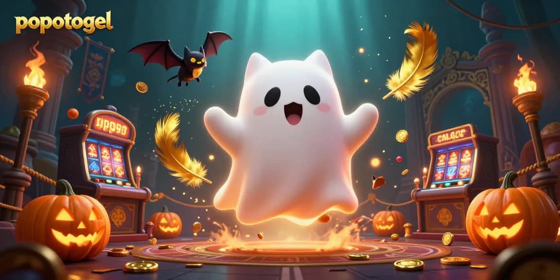 Experience popotogel with a ghost cat and bat in a vibrant haunted casino scene filled with jackpots.