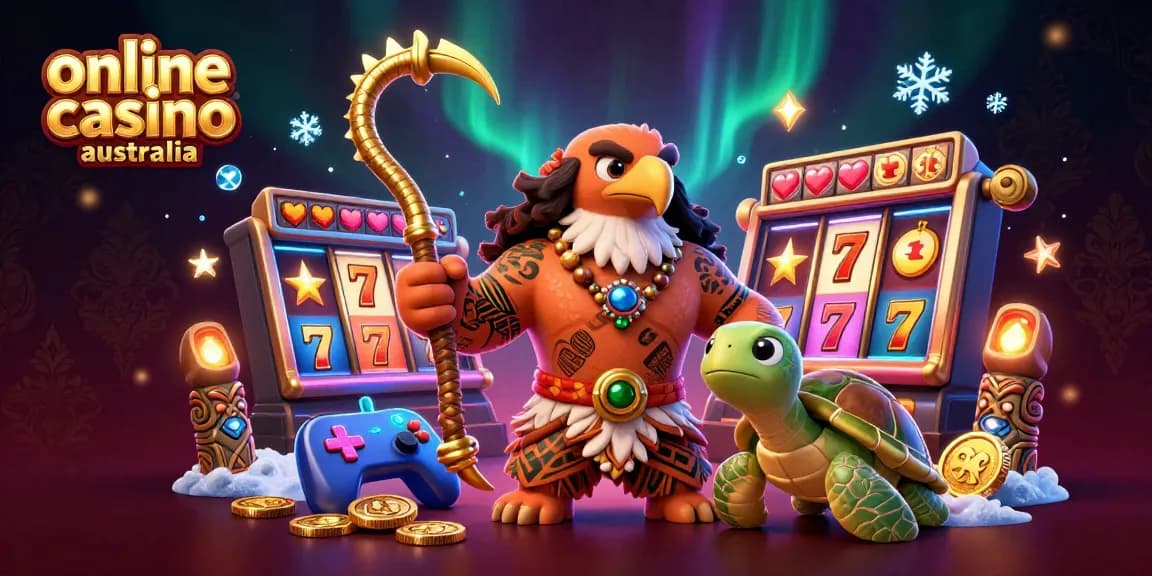 Engage with online casino Australia through a vibrant 3D scene of a Polynesian demigod and turtle amidst slot games.
