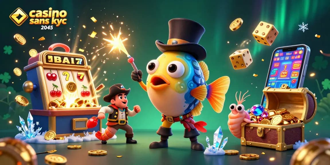 Attirez les gains avec casino sans kyc 2045, un poisson-ange ludique et des symboles de machines à sous.
