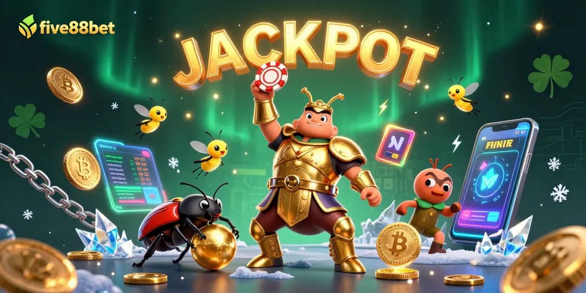 five88bet Jackpot celebration with an armored beetle lifting a poker chip in a vibrant casino scene