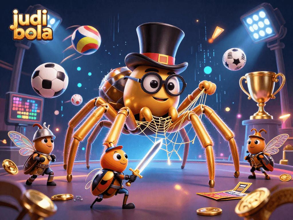 Engage in judi bola with dynamic sports betting elements and whimsical characters in a colorful illustration.