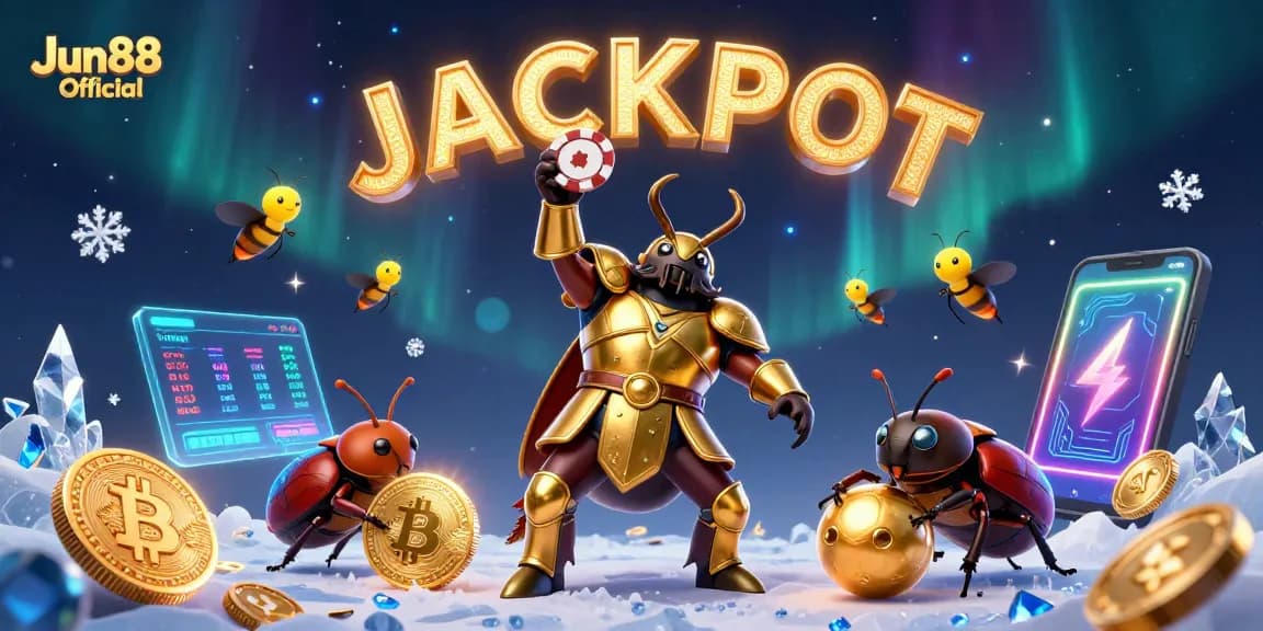 Win big with Jun88 Official in this vibrant 3D illustration featuring a victorious beetle and colorful casino elements.