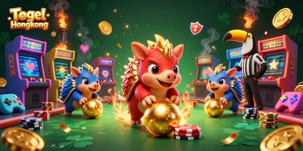 Togel Hongkong animated pangolins compete in a vibrant casino scene with poker chips and arcade games.