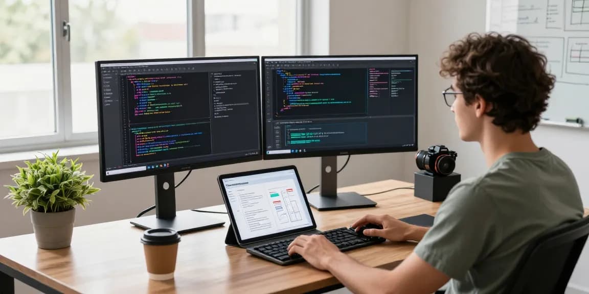 Developer creating an OpenClaw skill in a modern workspace with monitors and coding tools.