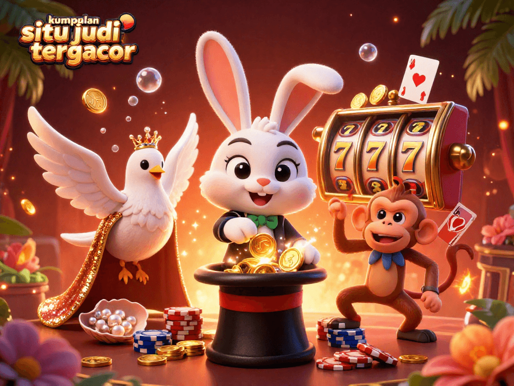 Gambaran kasino dengan kumpulan situ judi tergacor, kelinci si penyihir menarik koin emas dari topi, burung merak bersequin, dan monyet mencuri chip poker.
