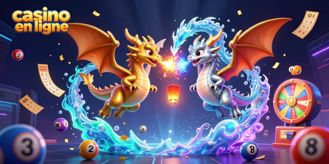 Roulez les dés et jouez dans un casino en ligne avec des dragons 3D colorés et des ballons de loterie éclatants.