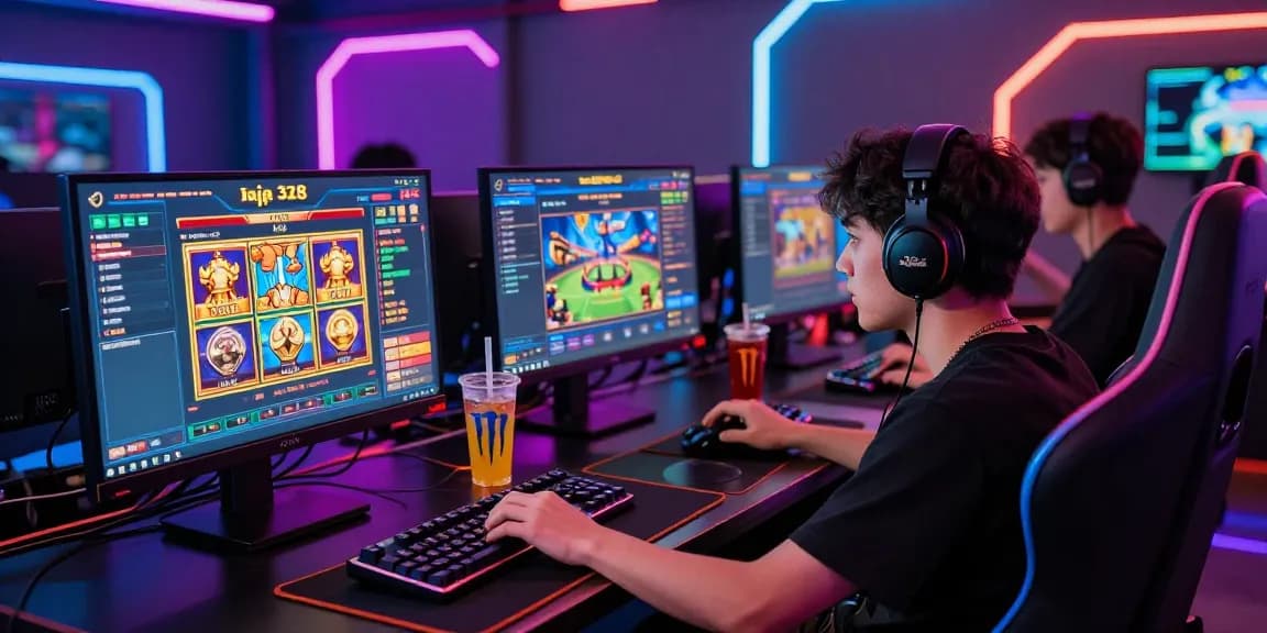 Engaging online gaming setup highlighting the raja 328 situs with vibrant accessories, dynamic screens, and energetic atmosphere.