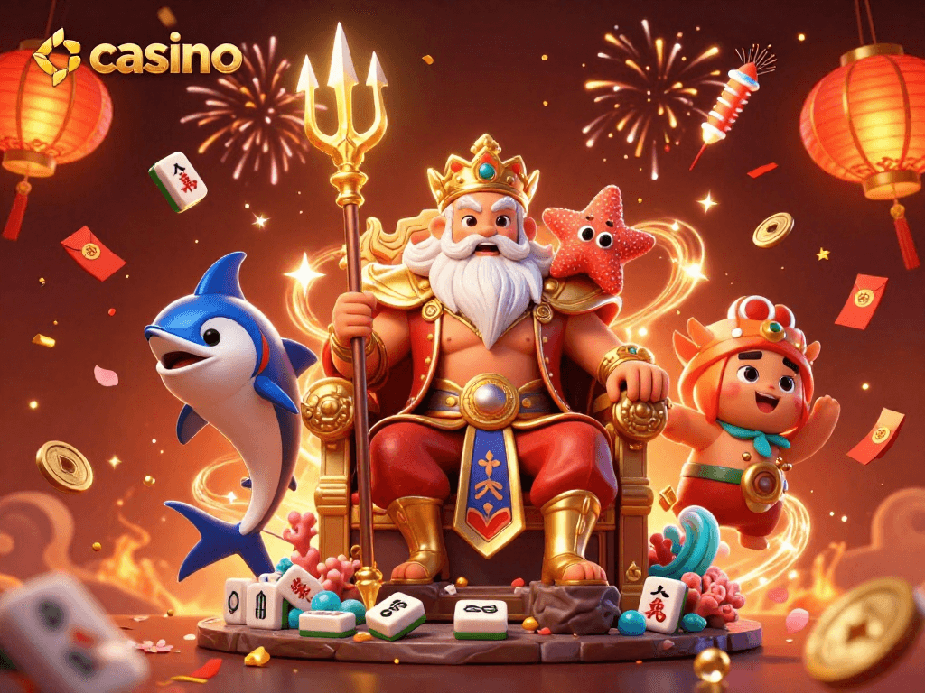 Engage with exciting casino vibes featuring a cartoon Neptune and dynamic gaming elements.