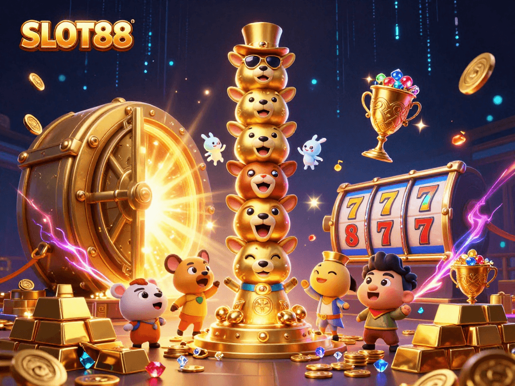 SLOT88 memberikan pengalaman menang besar dengan simbol slot dan harta karun berkilau dalam ilustrasi kasino yang luar biasa.