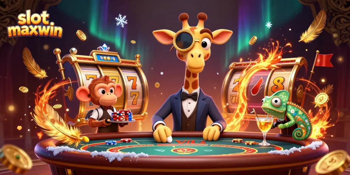 Spin slot maxwin reels while enjoying a gold-tinted casino atmosphere filled with vibrant characters.
