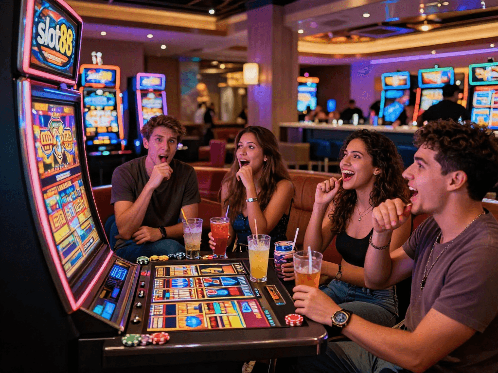 Group enjoying the thrill of the slot88 machine in a Las Vegas casino