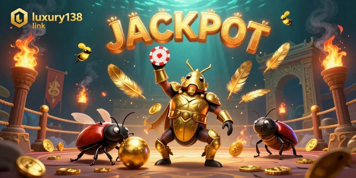 Engage with the luxury138 link as a conquering beetle celebrates a casino jackpot amidst dazzling game elements.