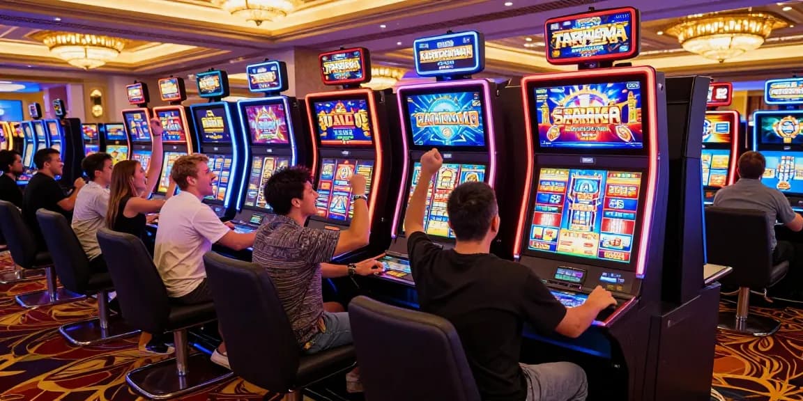 Permainan slot yang seru di kasino dengan para pemain menikmati kemenangan.