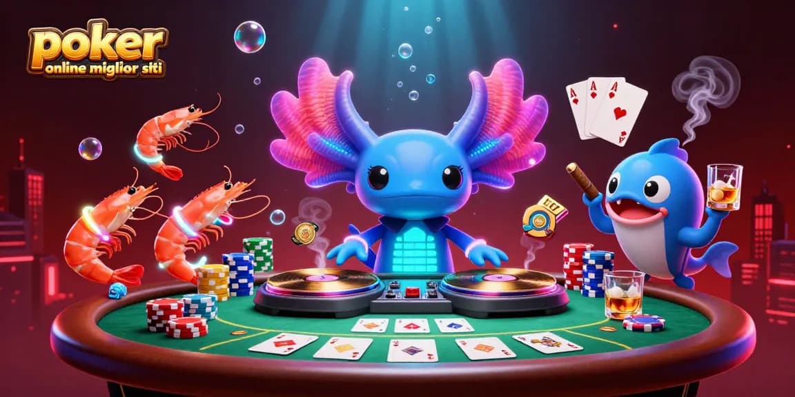 Poker online migliori siti: divertiti con il poker in un'illustrazione vivace e coinvolgente.