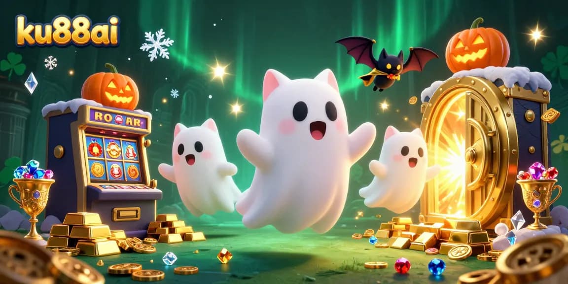 ku88ai captures a ghost cat and bat in a haunted casino, surrounded by glowing gems and treasure.