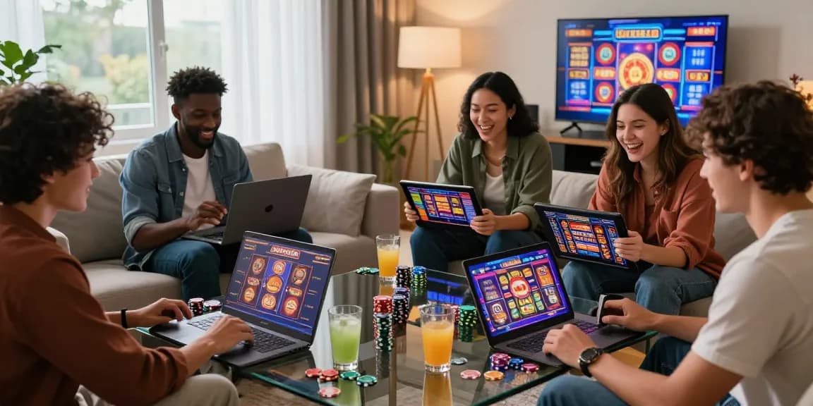 Friends enjoying online casinos Australia atmosphere, playing pokies together in a vibrant living room setting.