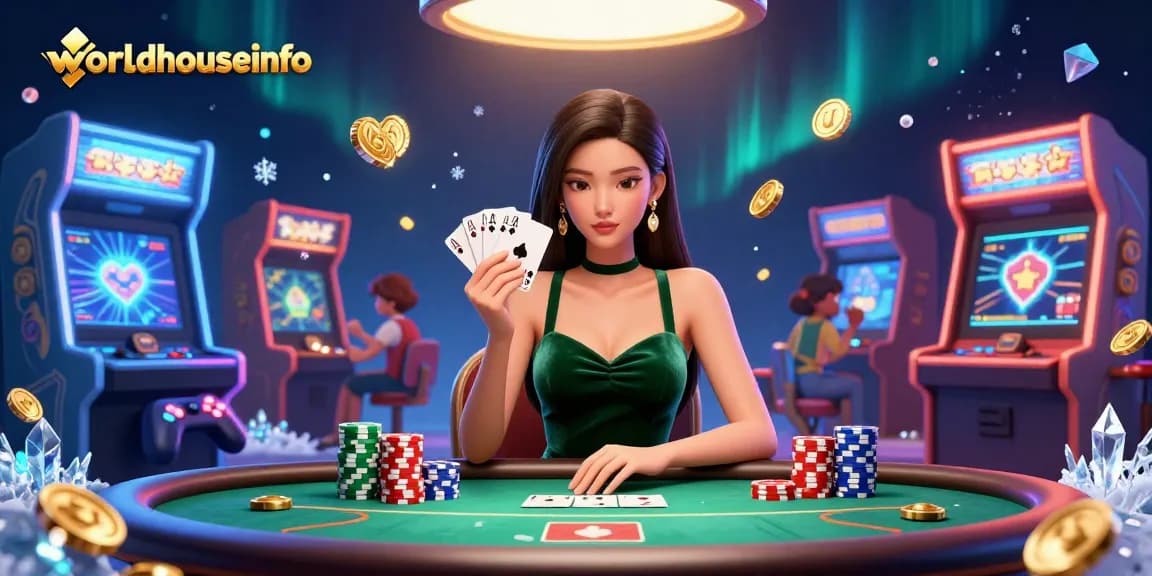 Experience winning strategies at worldhouseinfo with an Asian woman at a poker table surrounded by vibrant gaming elements.