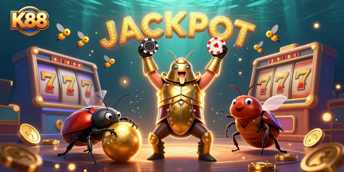 K88 jackpot scene with a hercules beetle lifting a poker chip amidst colorful slot reels and coins.