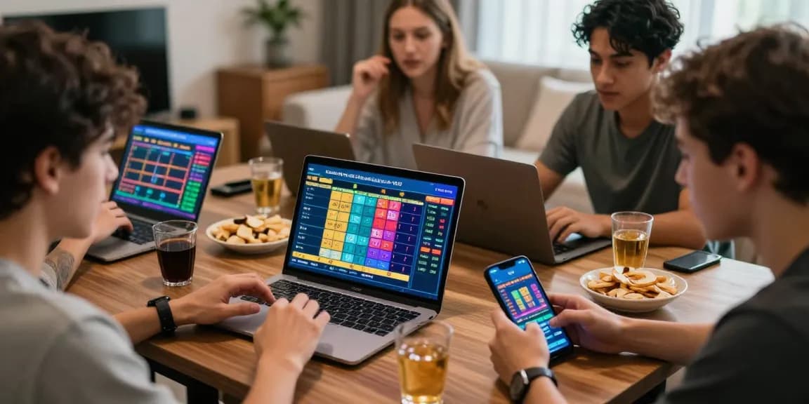 Kelompok teman menggunakan platform Diana4D untuk taruhan 4D dengan statistik dan grafik di layar.